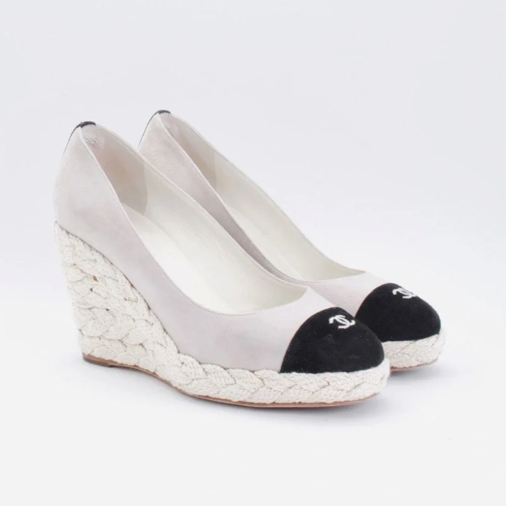 Chanel Two-Tone Espadrille Wedge Pumps in Cream and Black